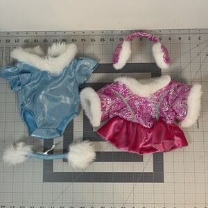 Build A Bear Pink and Blue Ice Skating Outfits With Ear Muffs Baton Lot of 2